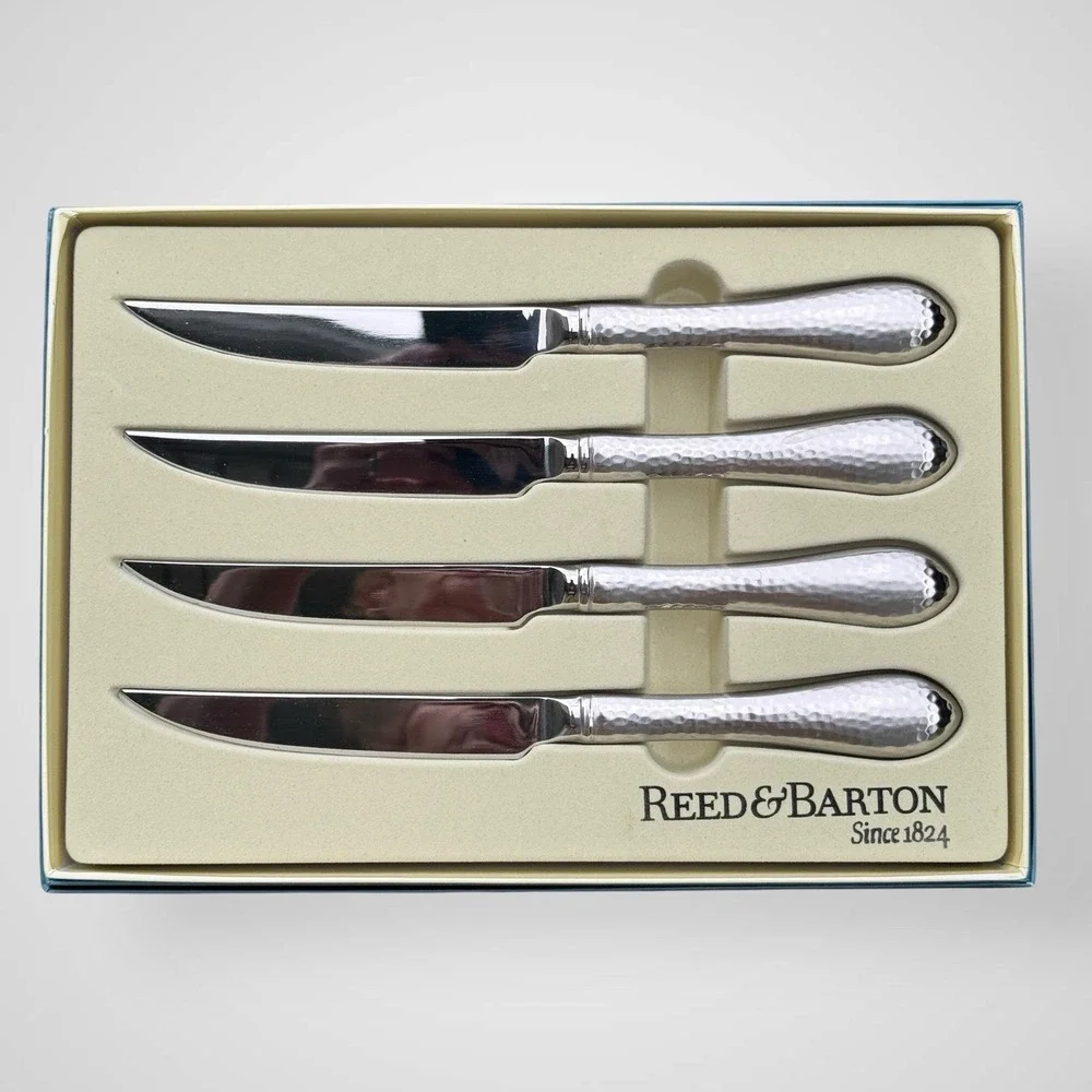 Reed & Barton Hammered‎ Antique 4 Piece Steak Knife Set in Box Stainless Steel